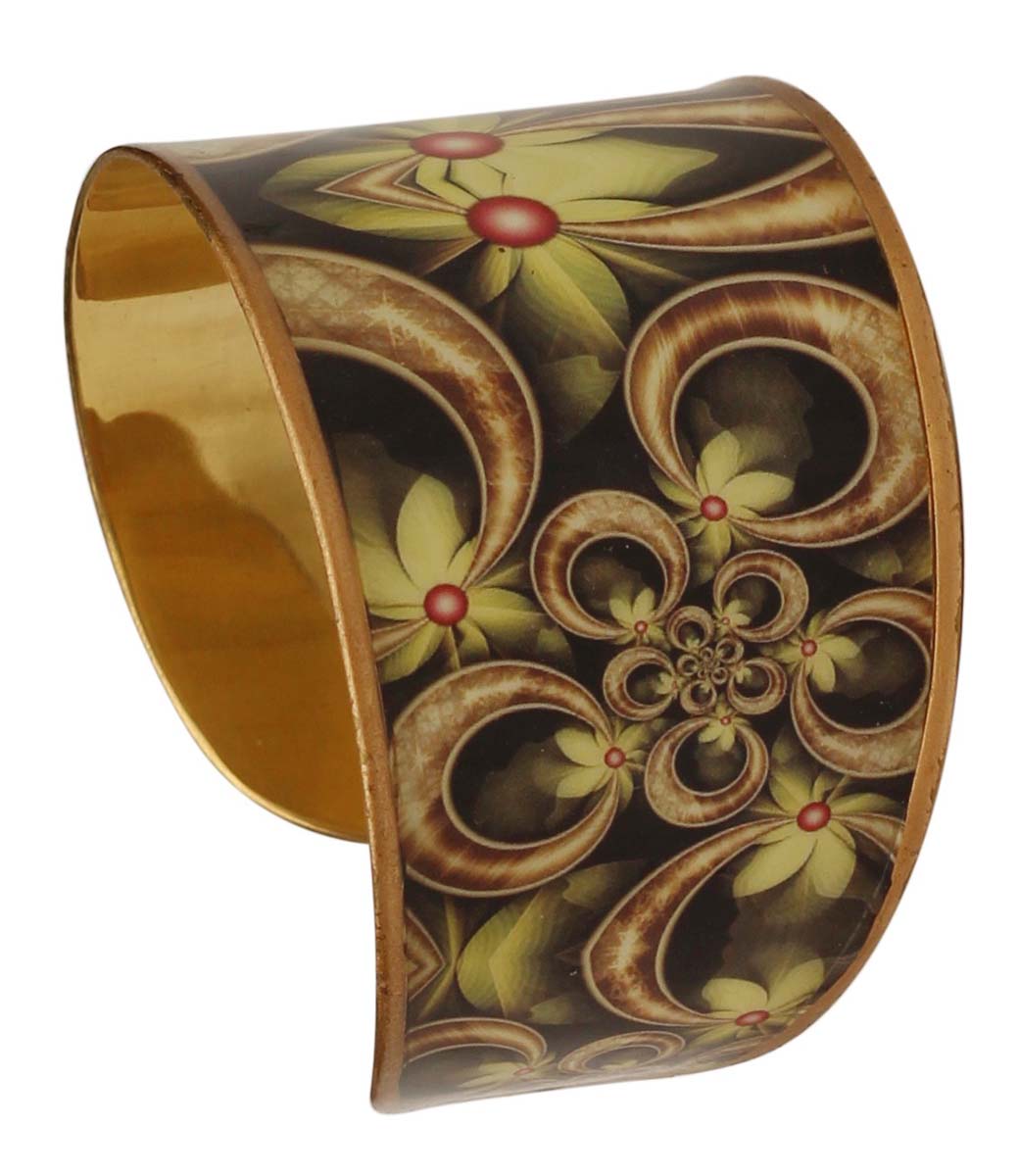 Brass Cuff Bracelet with Floral Pattern - 2.6” Olive-Green Black on Gold Tone - Trendy Accessories / Gifts for Her - Buy in Bulk Wholesale
